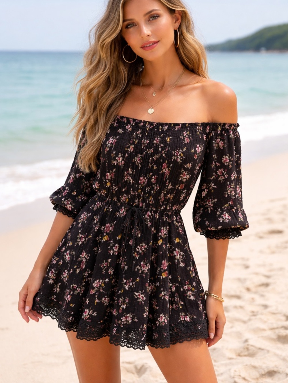 Abercrombie & Fitch Black Floral Off-Shoulder Mini Romper